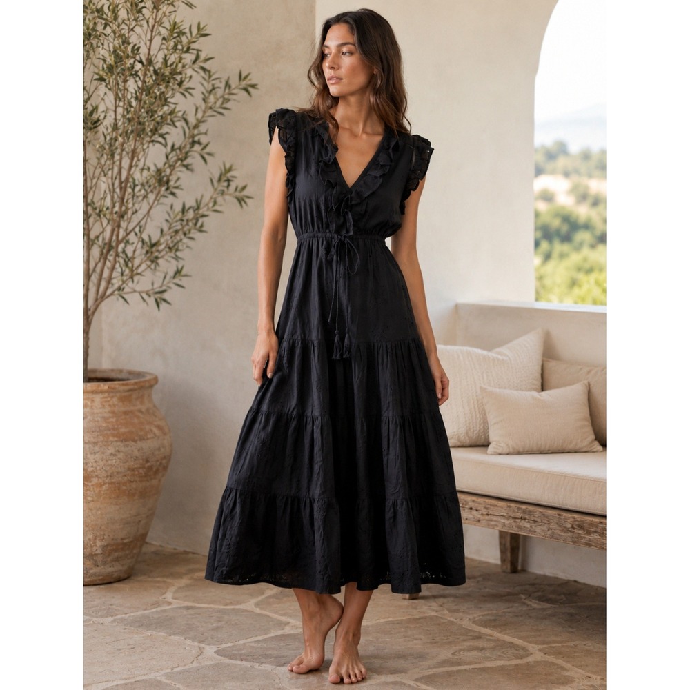 Mer St. Barth Black Eyelet Cotton Maxi Dress Ruffle Tiered Boho Tassel Large